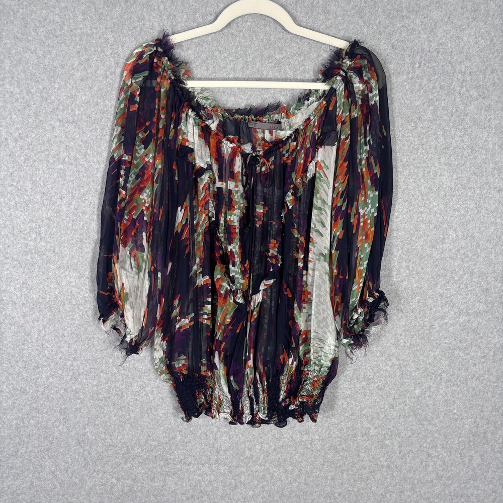 Zara Blouse Large Sheer Fringe Abstract Boho Peasant Ruffle Festival Artsy Fairy